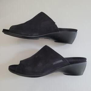 Mephisto Black Suede Leather Peep-Toe Low Heel Slide Sandals, Size EU 40, US 10
